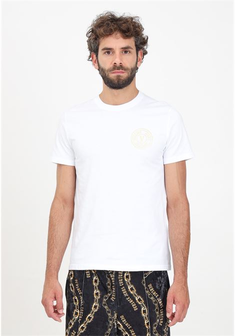 Men's white short-sleeved T-shirt with V-Emblem logo print VERSACE JEANS COUTURE | 77GAHT00CJ00TG03